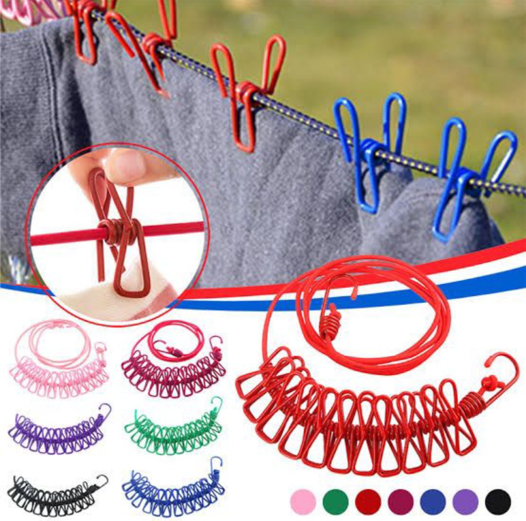 Brand Bytes Portable Drying Rope with 12 Clips and 2 Hooks, Travel Clothesline Rope Clothes Hanging Hook, Outdoor Indoor Wind-Proof Clothesline