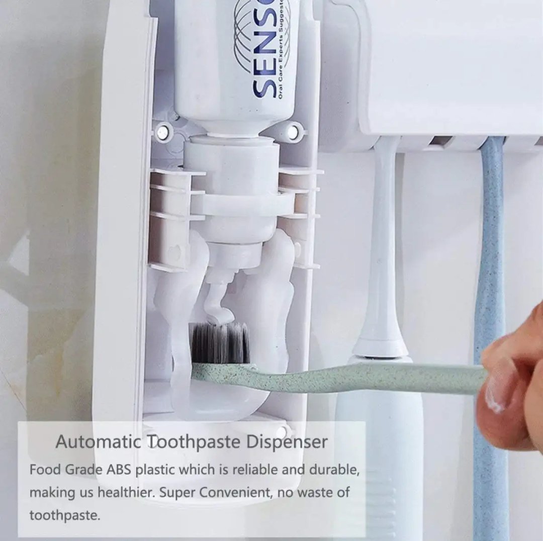 Set of Toothpaste Dispenser & Toothbrush Holder - White Automatic Toothpaste Dispenser and Toothbrush Holder Set Wall Mounted Toothpaste Dispenser with 5 Toothbrush Holder Set Toothpaste Squeezing Machine Toothpaste Dispenser Tooth brush Holder set