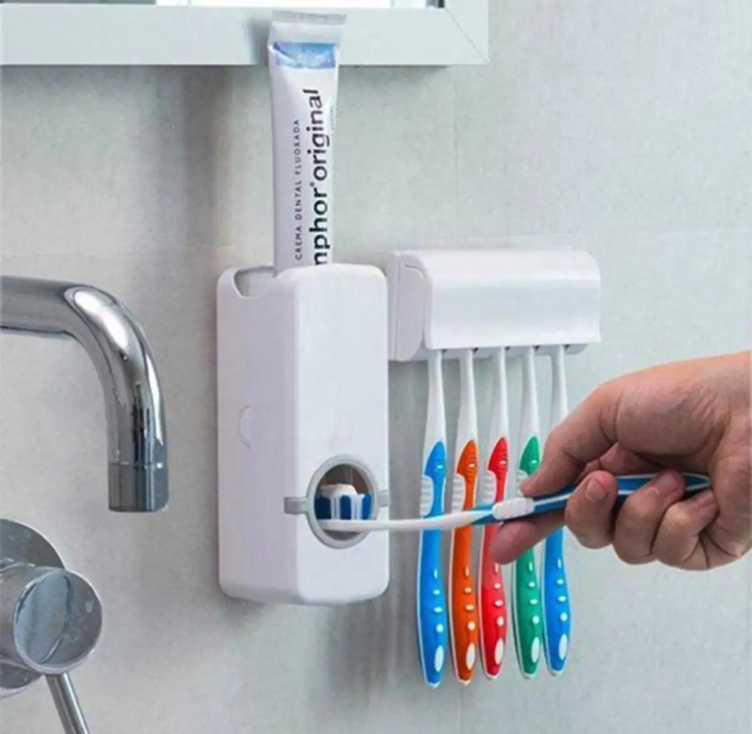 Set of Toothpaste Dispenser & Toothbrush Holder - White Automatic Toothpaste Dispenser and Toothbrush Holder Set Wall Mounted Toothpaste Dispenser with 5 Toothbrush Holder Set Toothpaste Squeezing Machine Toothpaste Dispenser Tooth brush Holder set