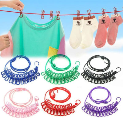 Brand Bytes Portable Drying Rope with 12 Clips and 2 Hooks, Travel Clothesline Rope Clothes Hanging Hook, Outdoor Indoor Wind-Proof Clothesline