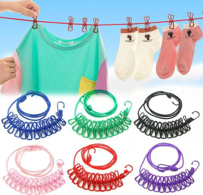 Brand Bytes Portable Drying Rope with 12 Clips and 2 Hooks, Travel Clothesline Rope Clothes Hanging Hook, Outdoor Indoor Wind-Proof Clothesline