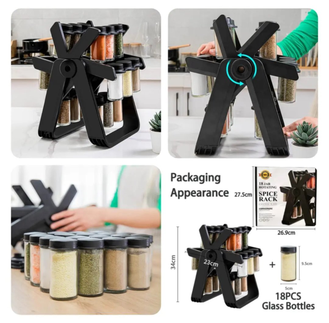18 Jar Glass Revolving Spice Rack Holder