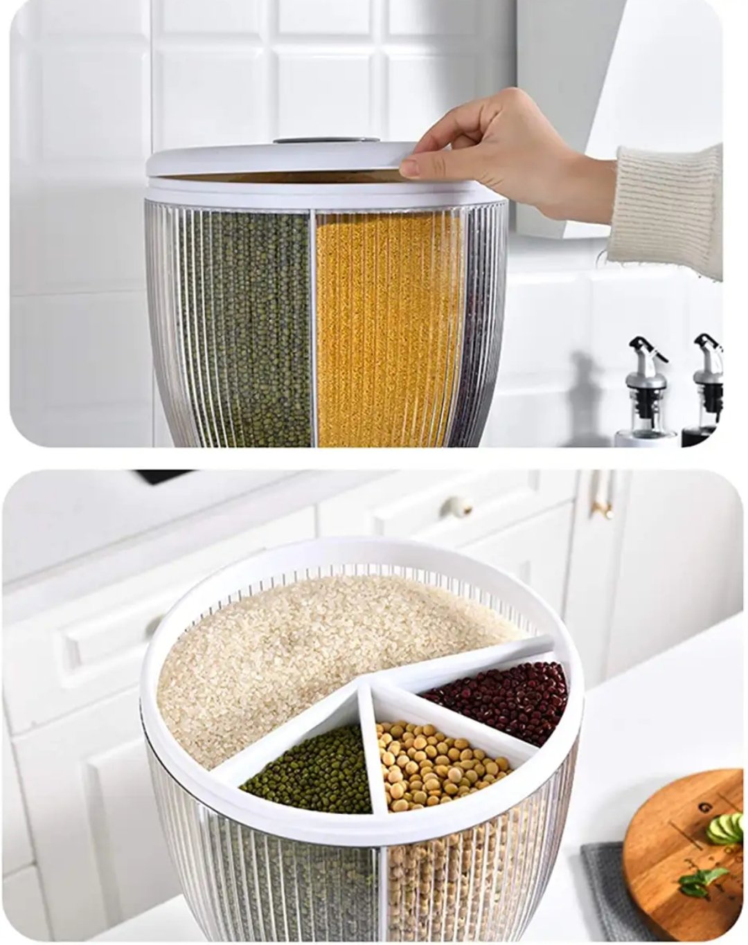 Multifunctional Whole Grains Rice Bucket Storage Tank, 360 Degree Rotary 4-Grid Food Dispenser