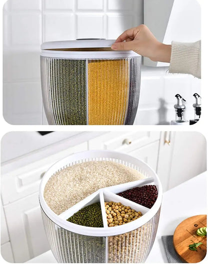 Multifunctional Whole Grains Rice Bucket Storage Tank, 360 Degree Rotary 4-Grid Food Dispenser