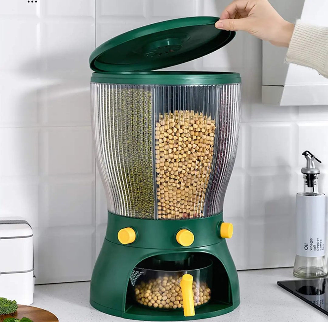 Multifunctional Whole Grains Rice Bucket Storage Tank, 360 Degree Rotary 4-Grid Food Dispenser