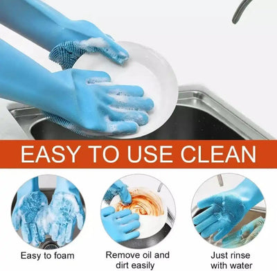 1 Pair Silicone Gloves with Wash Scrubber, Heat Resistant, for Cleaning, Household, Dish Washing, Washing the Car
