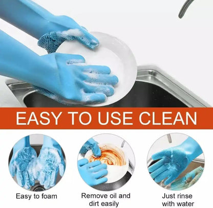1 Pair Silicone Gloves with Wash Scrubber, Heat Resistant, for Cleaning, Household, Dish Washing, Washing the Car