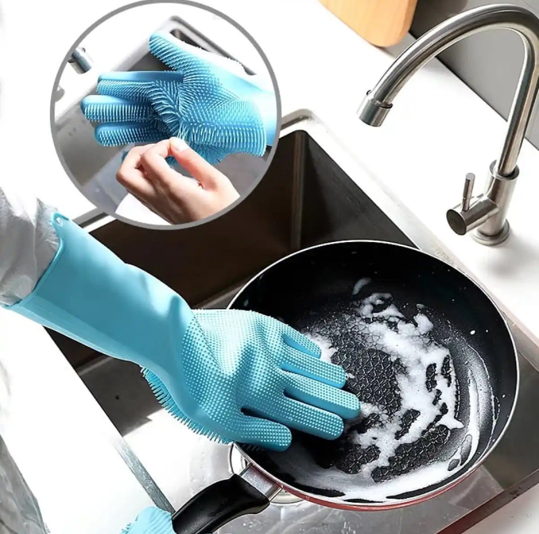 1 Pair Silicone Gloves with Wash Scrubber, Heat Resistant, for Cleaning, Household, Dish Washing, Washing the Car