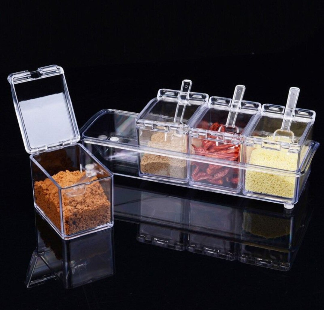 4PCS Crystal Clear Seasoning Box Acrylic Spice Rack Storage Container With Spoon