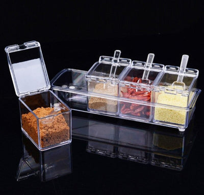4PCS Crystal Clear Seasoning Box Acrylic Spice Rack Storage Container With Spoon