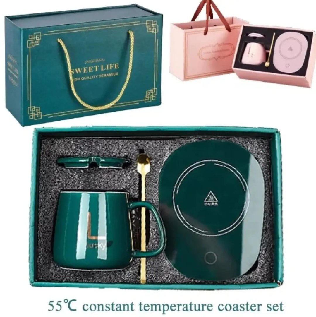 Ceramic Mug with Lid Spoon Gift Cup Thermos Cup Auto-sensing Thermostat Heater Insulation Pad Coaster Electric 55°C Household Gift