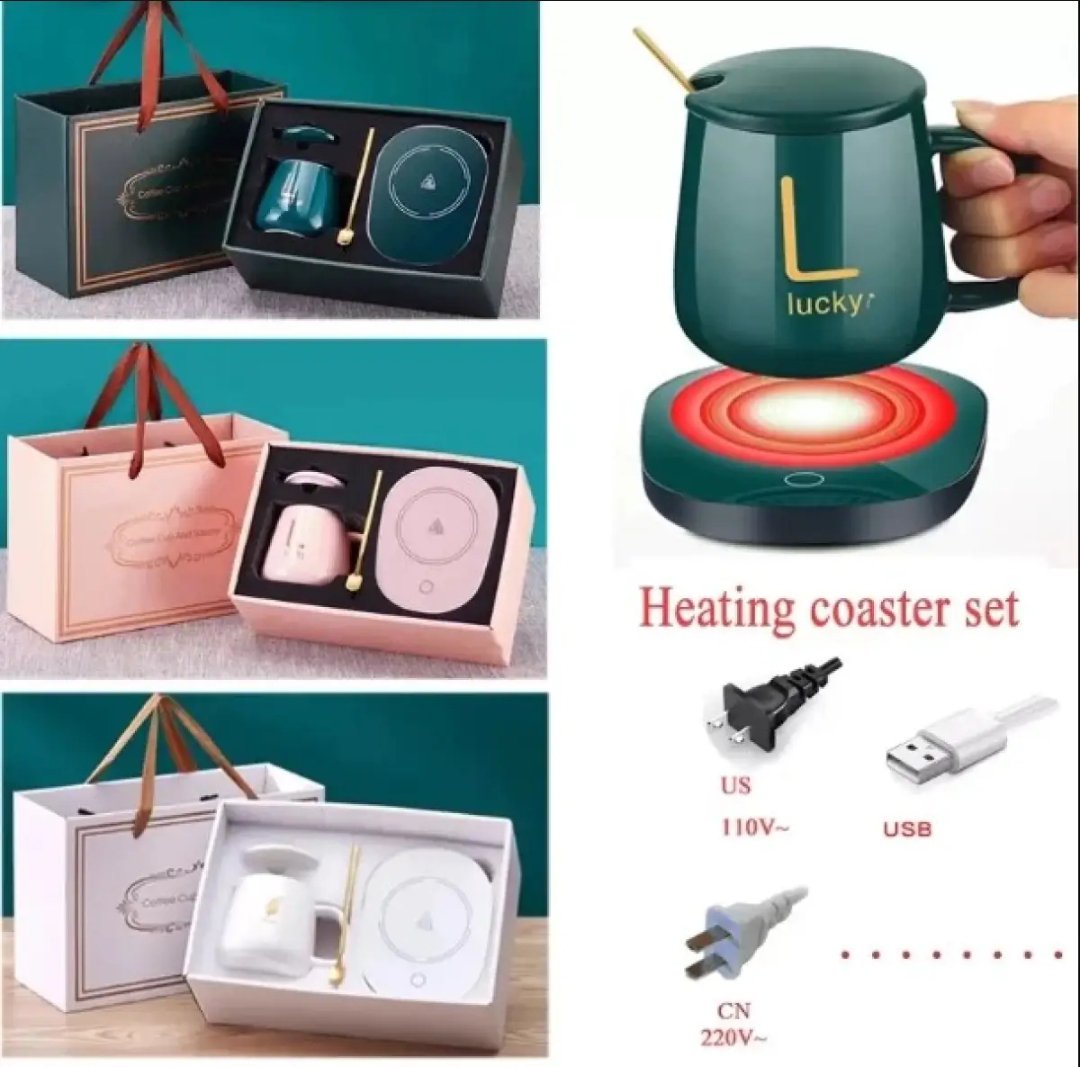 Ceramic Mug with Lid Spoon Gift Cup Thermos Cup Auto-sensing Thermostat Heater Insulation Pad Coaster Electric 55°C Household Gift