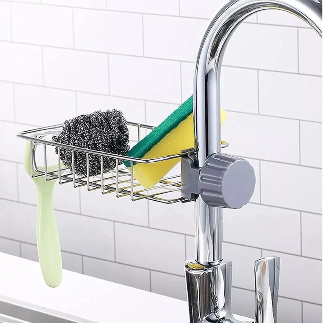 Sponge Holder with towel hanger, Stainless Steel Faucet Storage Rack, Adhesive Sink Caddy Organizer for Brush, Towel. Shower Soap Dish for Bathroom, Kitchen Hanging Storage Accessories