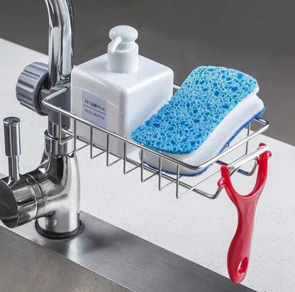 Sponge Holder with towel hanger, Stainless Steel Faucet Storage Rack, Adhesive Sink Caddy Organizer for Brush, Towel. Shower Soap Dish for Bathroom, Kitchen Hanging Storage Accessories