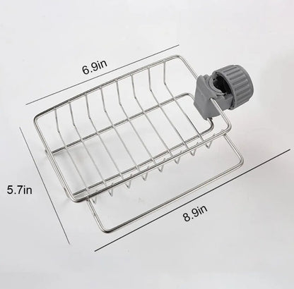 Sponge Holder with towel hanger, Stainless Steel Faucet Storage Rack, Adhesive Sink Caddy Organizer for Brush, Towel. Shower Soap Dish for Bathroom, Kitchen Hanging Storage Accessories
