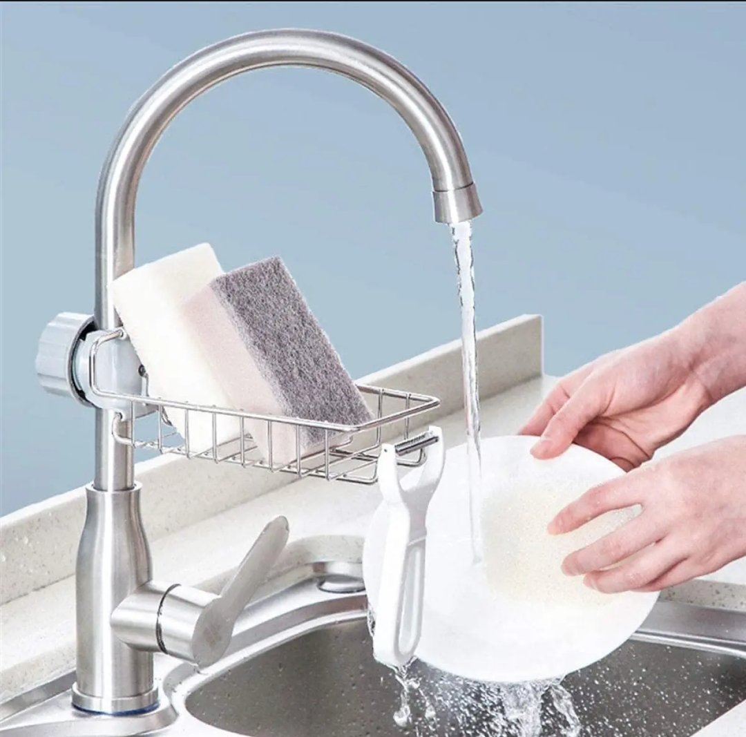 Sponge Holder with towel hanger, Stainless Steel Faucet Storage Rack, Adhesive Sink Caddy Organizer for Brush, Towel. Shower Soap Dish for Bathroom, Kitchen Hanging Storage Accessories