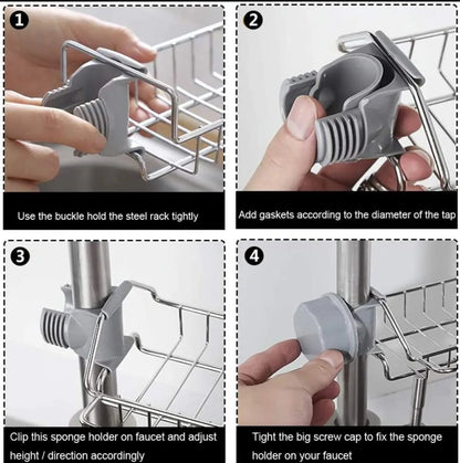 Sponge Holder with towel hanger, Stainless Steel Faucet Storage Rack, Adhesive Sink Caddy Organizer for Brush, Towel. Shower Soap Dish for Bathroom, Kitchen Hanging Storage Accessories