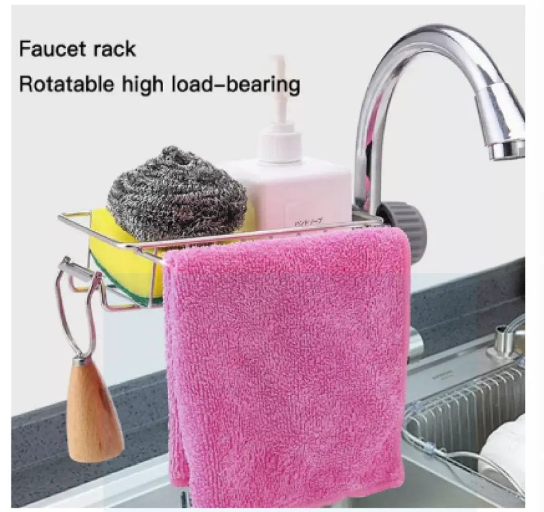 Sponge Holder with towel hanger, Stainless Steel Faucet Storage Rack, Adhesive Sink Caddy Organizer for Brush, Towel. Shower Soap Dish for Bathroom, Kitchen Hanging Storage Accessories