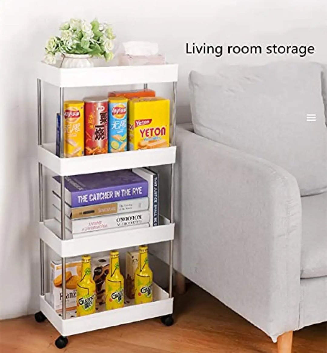 4 Tier Slim Storage Cart, Bathroom Storage Organizer Rolling Utility Cart, Kitchen Storage Cart with Slide Out Shelf Units &amp; Wheels, Rolling Laundry Storage Cart for Office Bedroom Dressers