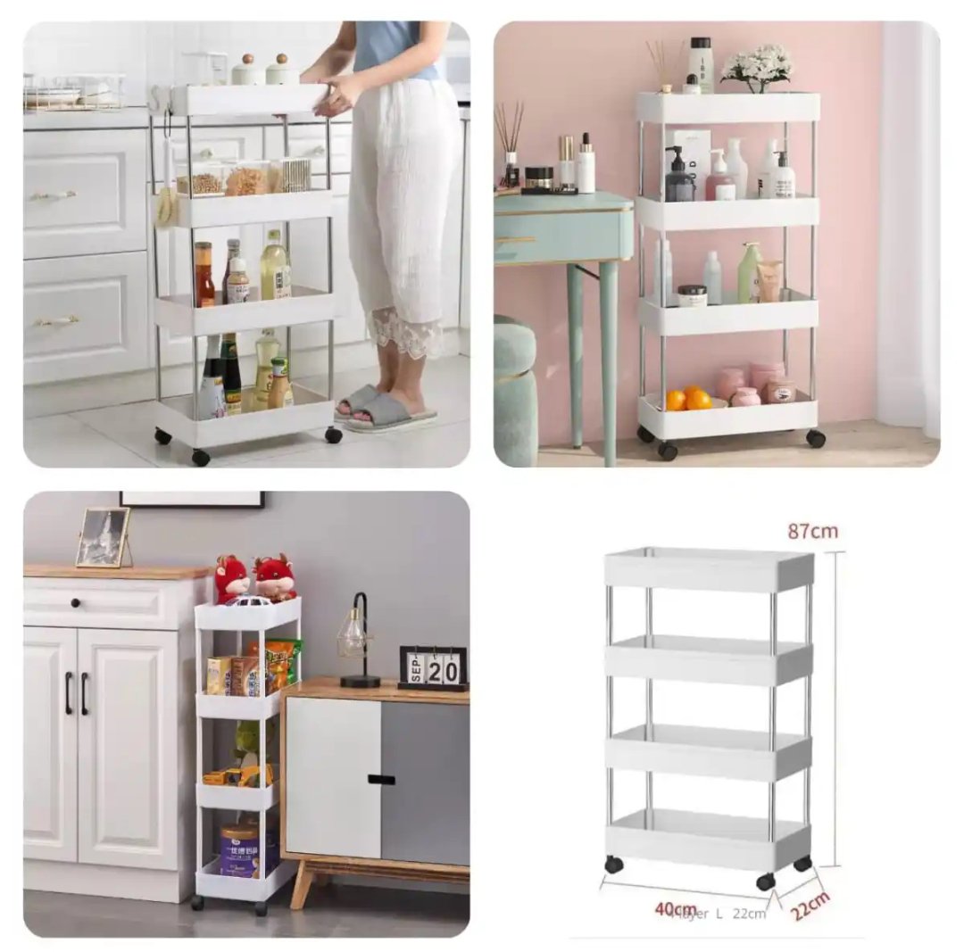 4 Tier Slim Storage Cart, Bathroom Storage Organizer Rolling Utility Cart, Kitchen Storage Cart with Slide Out Shelf Units &amp; Wheels, Rolling Laundry Storage Cart for Office Bedroom Dressers