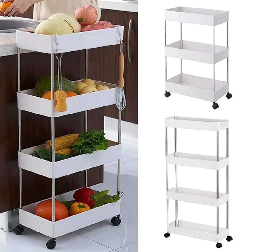 4 Tier Slim Storage Cart, Bathroom Storage Organizer Rolling Utility Cart, Kitchen Storage Cart with Slide Out Shelf Units &amp; Wheels, Rolling Laundry Storage Cart for Office Bedroom Dressers