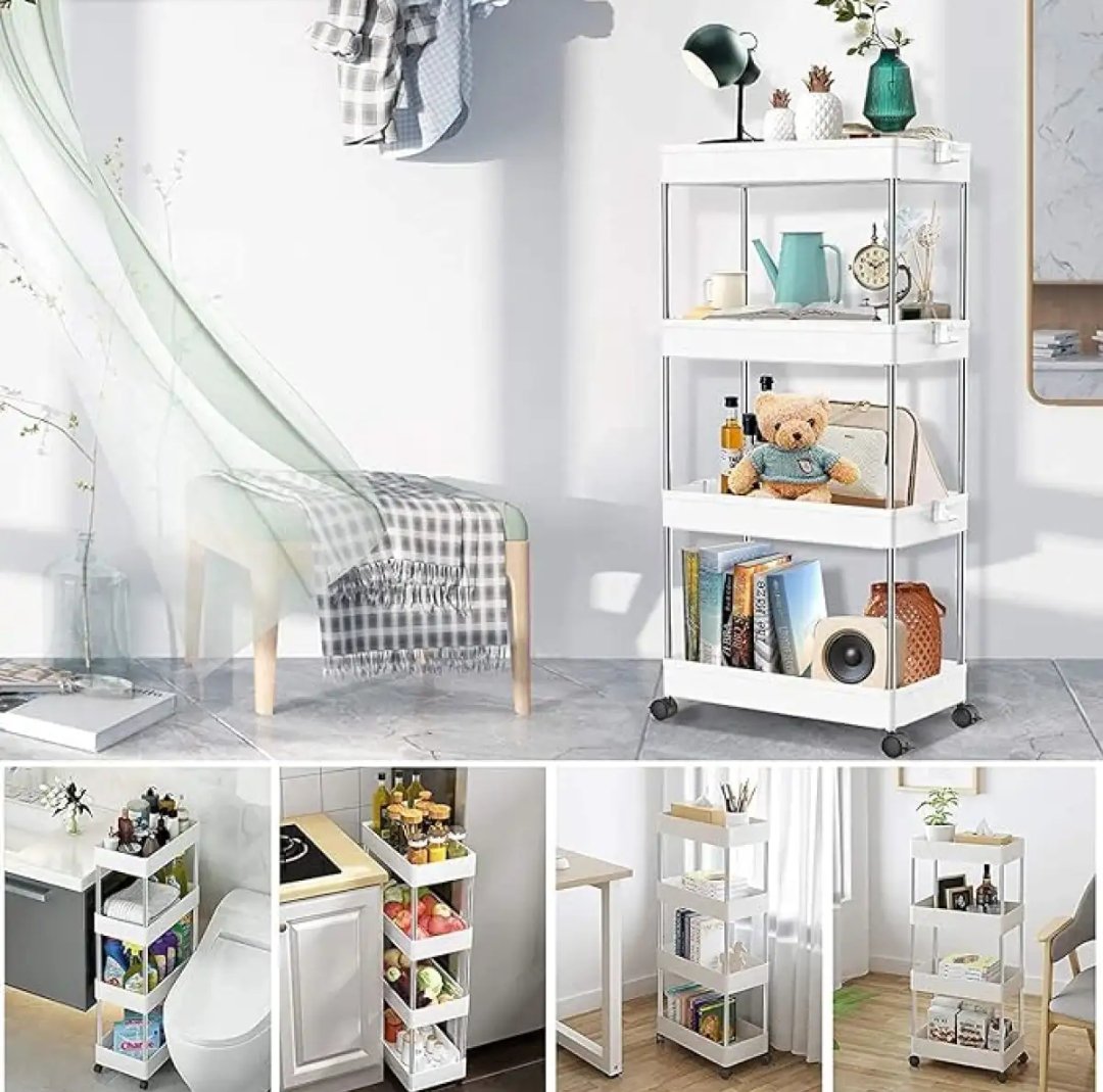 4 Tier Slim Storage Cart, Bathroom Storage Organizer Rolling Utility Cart, Kitchen Storage Cart with Slide Out Shelf Units &amp; Wheels, Rolling Laundry Storage Cart for Office Bedroom Dressers