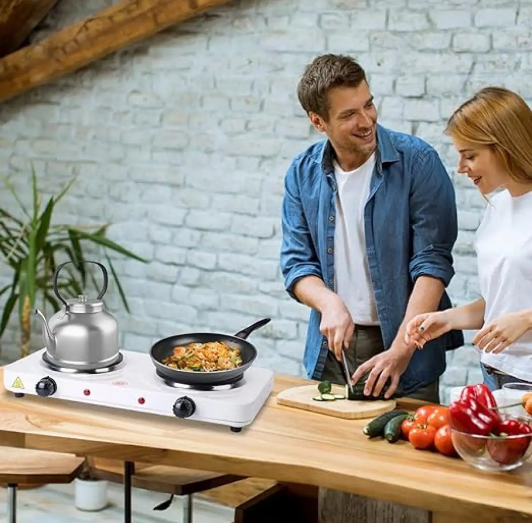 Hot Plate, 2000W Portable Electric Stove for Cooking with 5 Levels Adjustable Temperature &amp; Dual Control, Countertop Double Coil Burner Cast Iron