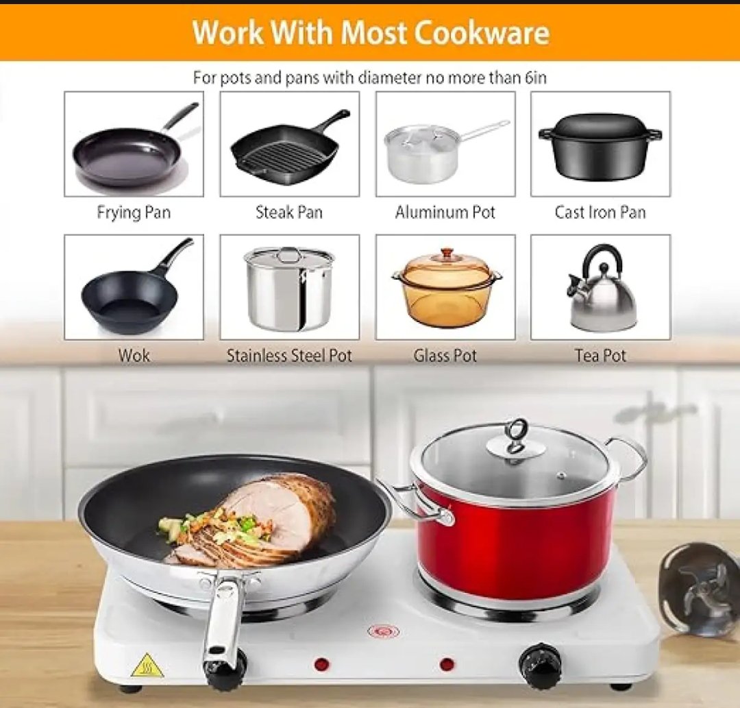 Hot Plate, 2000W Portable Electric Stove for Cooking with 5 Levels Adjustable Temperature &amp; Dual Control, Countertop Double Coil Burner Cast Iron