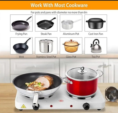 Hot Plate, 2000W Portable Electric Stove for Cooking with 5 Levels Adjustable Temperature &amp; Dual Control, Countertop Double Coil Burner Cast Iron