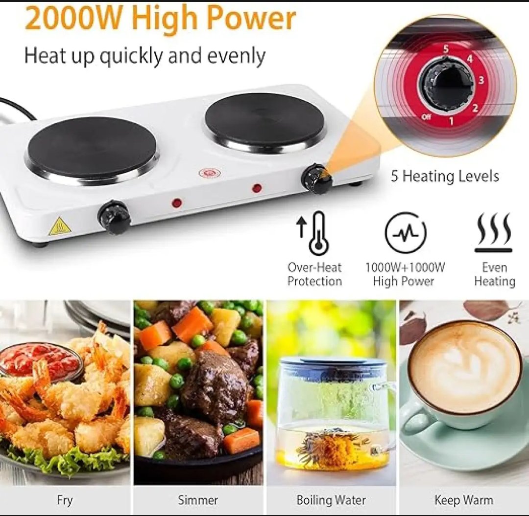 Hot Plate, 2000W Portable Electric Stove for Cooking with 5 Levels Adjustable Temperature &amp; Dual Control, Countertop Double Coil Burner Cast Iron