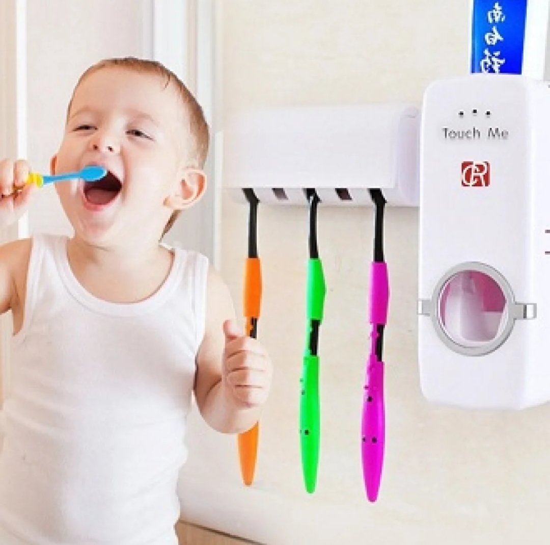 Set of Toothpaste Dispenser &amp; Toothbrush Holder - White Automatic Toothpaste Dispenser and Toothbrush Holder Set Wall Mounted Toothpaste Dispenser with 5 Toothbrush Holder Set Toothpaste Squeezing Machine Toothpaste Dispenser Tooth brush Holder set