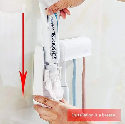 Set of Toothpaste Dispenser &amp; Toothbrush Holder - White Automatic Toothpaste Dispenser and Toothbrush Holder Set Wall Mounted Toothpaste Dispenser with 5 Toothbrush Holder Set Toothpaste Squeezing Machine Toothpaste Dispenser Tooth brush Holder set