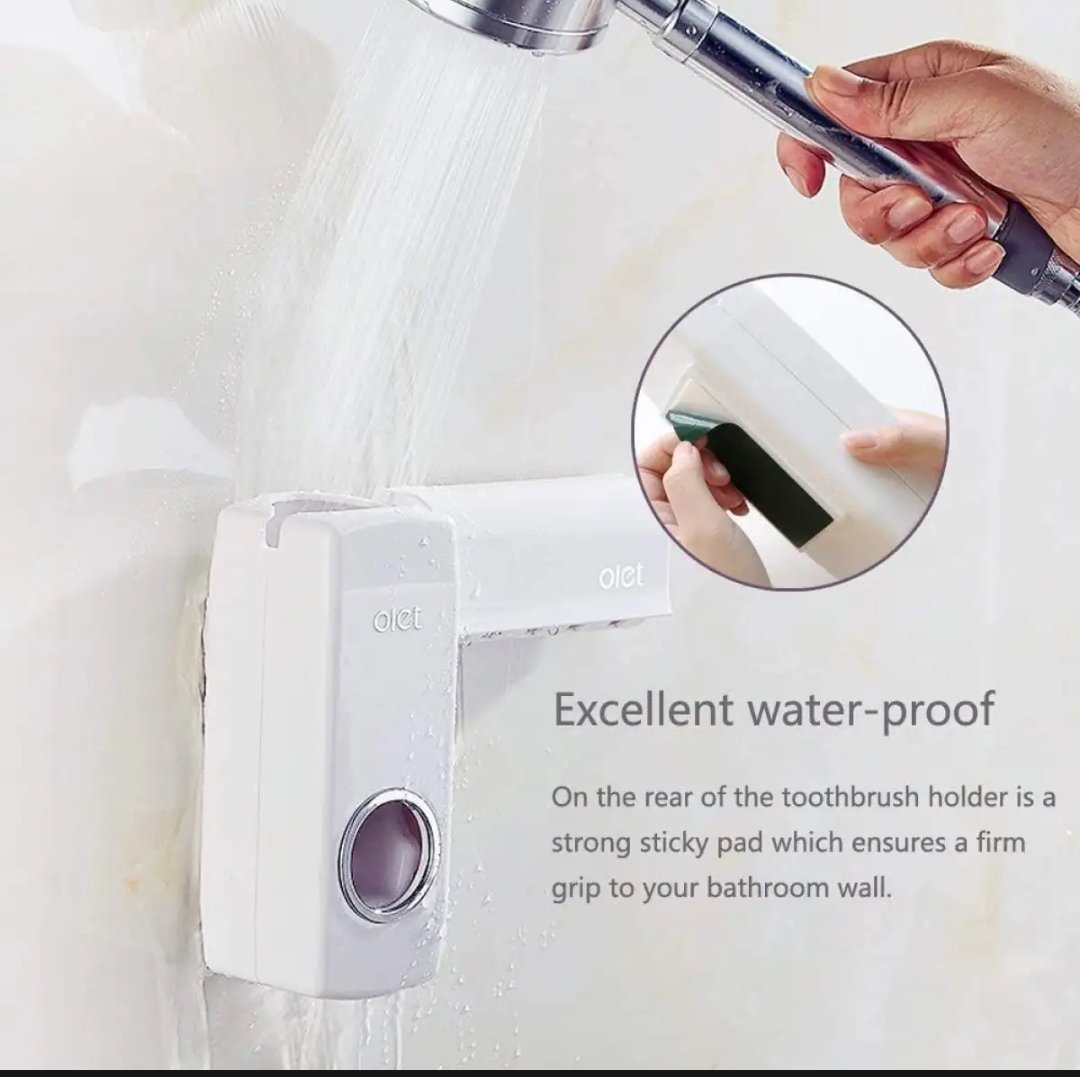 Set of Toothpaste Dispenser &amp; Toothbrush Holder - White Automatic Toothpaste Dispenser and Toothbrush Holder Set Wall Mounted Toothpaste Dispenser with 5 Toothbrush Holder Set Toothpaste Squeezing Machine Toothpaste Dispenser Tooth brush Holder set