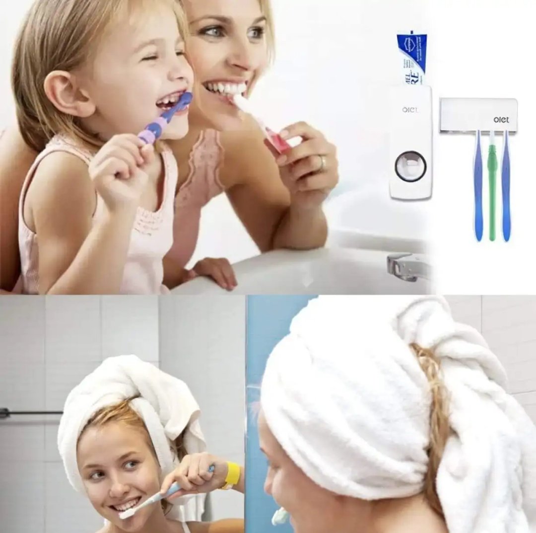 Set of Toothpaste Dispenser &amp; Toothbrush Holder - White Automatic Toothpaste Dispenser and Toothbrush Holder Set Wall Mounted Toothpaste Dispenser with 5 Toothbrush Holder Set Toothpaste Squeezing Machine Toothpaste Dispenser Tooth brush Holder set