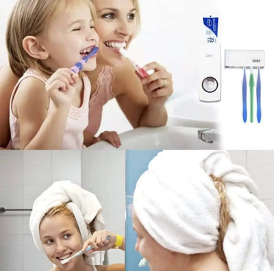 Set of Toothpaste Dispenser &amp; Toothbrush Holder - White Automatic Toothpaste Dispenser and Toothbrush Holder Set Wall Mounted Toothpaste Dispenser with 5 Toothbrush Holder Set Toothpaste Squeezing Machine Toothpaste Dispenser Tooth brush Holder set