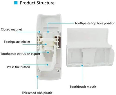 Set of Toothpaste Dispenser &amp; Toothbrush Holder - White Automatic Toothpaste Dispenser and Toothbrush Holder Set Wall Mounted Toothpaste Dispenser with 5 Toothbrush Holder Set Toothpaste Squeezing Machine Toothpaste Dispenser Tooth brush Holder set