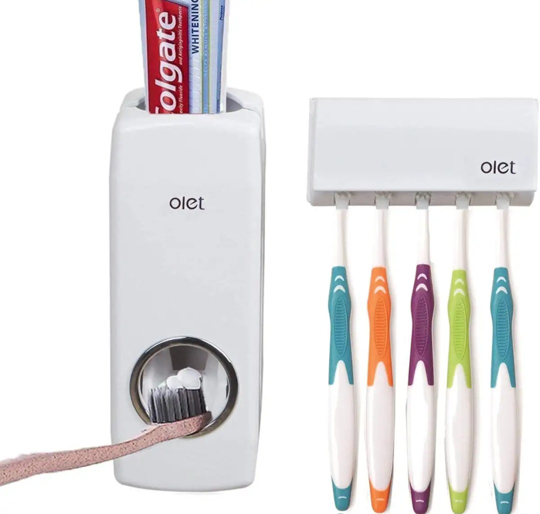 Set of Toothpaste Dispenser &amp; Toothbrush Holder - White Automatic Toothpaste Dispenser and Toothbrush Holder Set Wall Mounted Toothpaste Dispenser with 5 Toothbrush Holder Set Toothpaste Squeezing Machine Toothpaste Dispenser Tooth brush Holder set