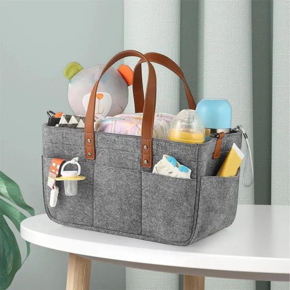Foldable Felt Storage Bag Baby Diaper Caddy Organizer Car Travel Bag Nursery Basket Kids Storage Carrier Large Pocket