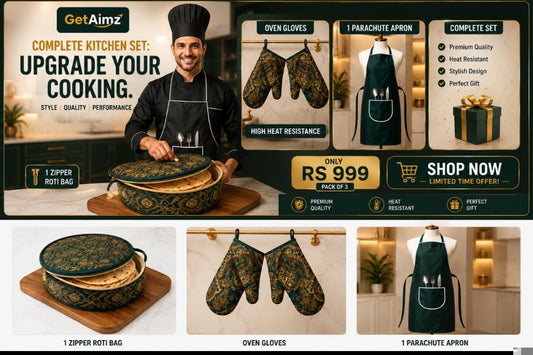 Premium Kitchen Set Pack of 3 – Parachute Apron, Oven Gloves & Roti Bag