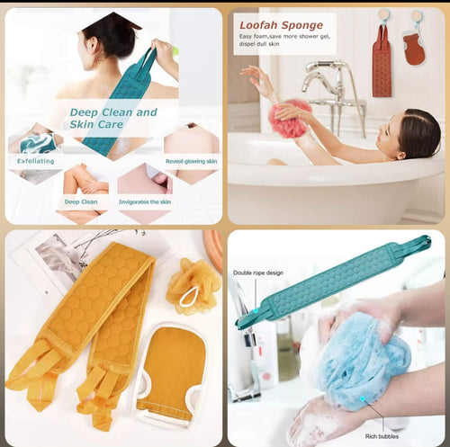 3 in 1 Bath Set Deep Clean & Soft Care Bath Strap - Bath Gloves - Sponge Pouf