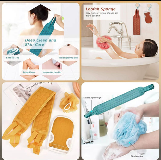 3 in 1 Bath Set Deep Clean & Soft Care Bath Strap - Bath Gloves - Sponge Pouf